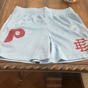 Eric Emanuel Sky Blue Athletic Shorts with Maroon Details